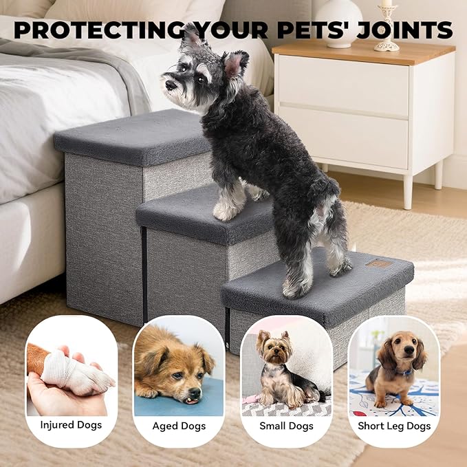 Dog Stairs with Furry Lids 18" H, 3-Step Wider Dog Steps with Storage for Small/Medium/Large Old Dogs Cats, Folding Sturdy Pet Stairs Climbing Bed Couch, Ramp for Car Hold Up to 200 lbs, Grey-PawvioPets