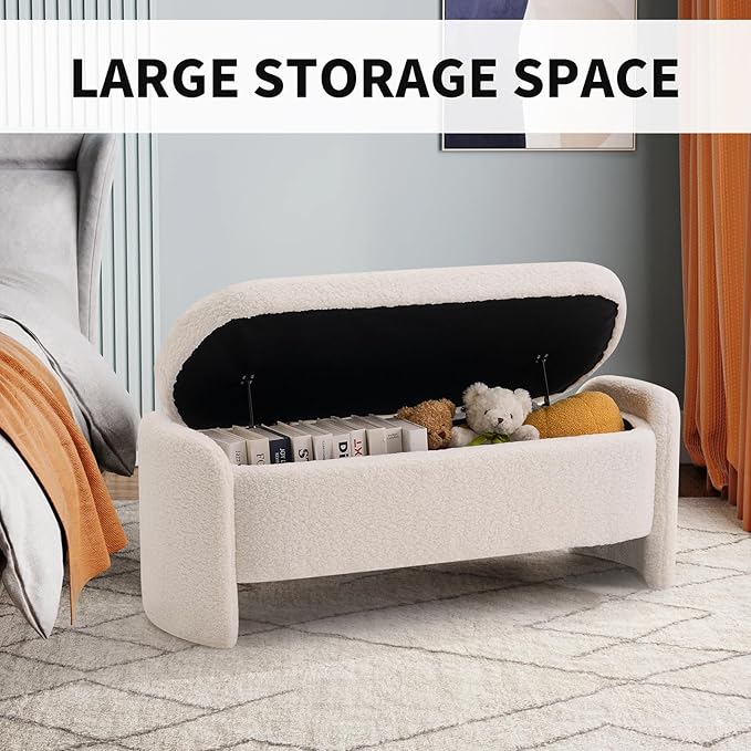 47.6 Inch Lamb Fleece Oval Storage Bench Upholstered Ottoman Bench with Storage, Bedroom Bench with Large Storage Space, for Bedroom Living Room Entryway, Beige-PawvioPets