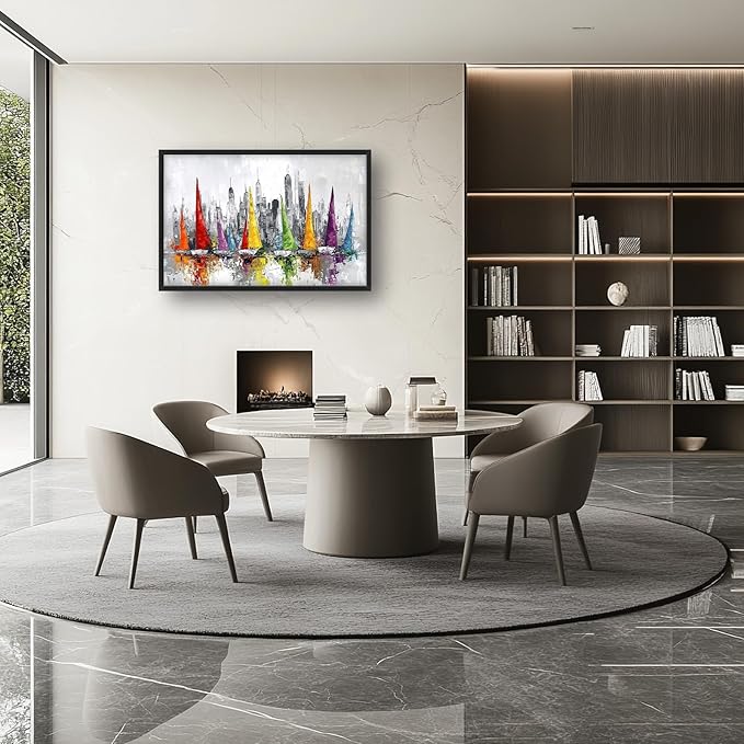 Framed Large Sailboat Wall Art for Living Room, Oversized Abstract City Wall Decor Colorful Sailboat Canvas Painting Pictures Modern Artwork for Living Room Bedroom Office Dinging Room 36"x24"-PawvioPets