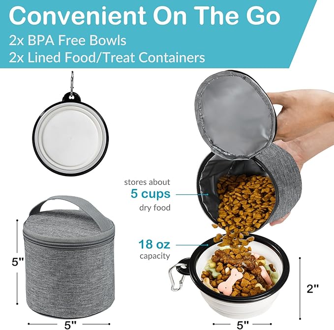 Dog Travel Bag with Treat Pouch, Airline Approved Dog Bags for Traveling, 2 Dog Food Travel Container, 2 Travel Bowls, Weekend Dog Travel Bag for Supplies, Dog Travel Kit Accessories-PawvioPets