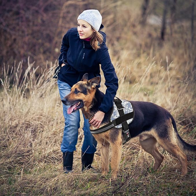 Dogline Dog Harness, Reflective No-Pull Adjustable Vest with Handle for Walking, Training, Breathable, No - Choke Harness for Small, Medium or Large Dogs Room for Patches Girth 15 to 18 in Urban Camo-PawvioPets