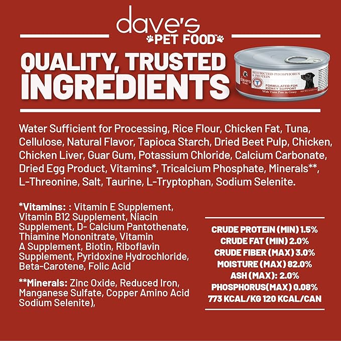 Dave's Pet Food Kidney Support Dog Food (Tuna Pate), Non-Prescription, Low Phosphorus, Low Sodium, Wet Canned, Renal Kidney Care, Vet Formulated, 5.5 oz (24 Pack)-PawvioPets