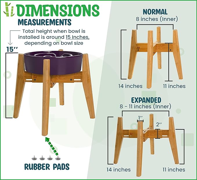 Dog Bowl Stand (14-inch High) - Ideal for Large Breeds, Use to Elevate, Raise Pet Dishes, Water Fountains and Slow Feeders - Adjustable Sideways, Bamboo - (Bowls not Included)-PawvioPets