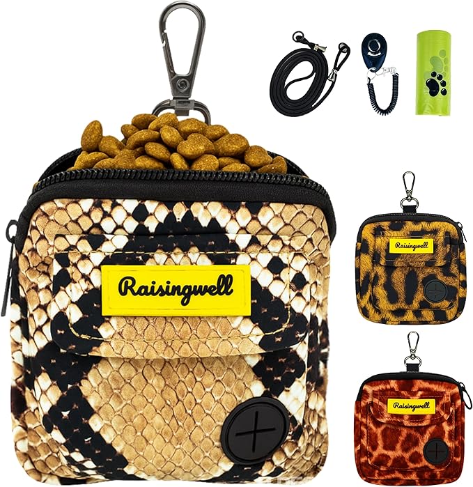 Dog Treat Pouch for Pet Walking and Training with Clicker Poop Bags and Double Bag Design Small Fanny Zipper Pack Holder for Puppy Snack Dispenser Kit for Leash and Outdoor Use Snake Skin-PawvioPets