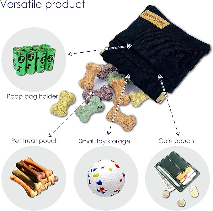 Dog Treat Pouch, Black Pocket Sized Pet Training Pouch, Cotton Fabric, Hand Free Dog Walking Bag with Carabiner, Self-Closing Pet Feed Snack Reward, for Pet Puppy Travel or Outdoor Use-PawvioPets