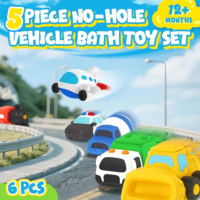 6 PCS Vehicle Floating Bath Toys Mold Free Infant Bath Tub Toys for 12 Months - No Hole Bathtub Toys for Toddlers 1-3 Water Pool Toys for Baby Toddler Ages 1+-PawvioPets