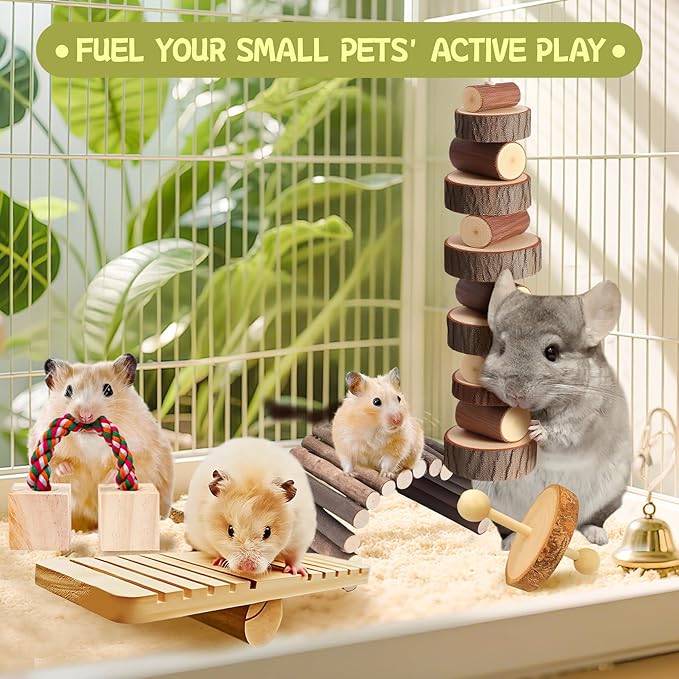 18 PCS Hamster Chew Toys Set, Natural Apple Wood Guinea Pig Toys, Hamster Cage Accessories Include Bridge, Seesaw, Carrot, Timothy Straw Stick Dental Care for Rat Gerbil Chinchilla Rabbits-PawvioPets
