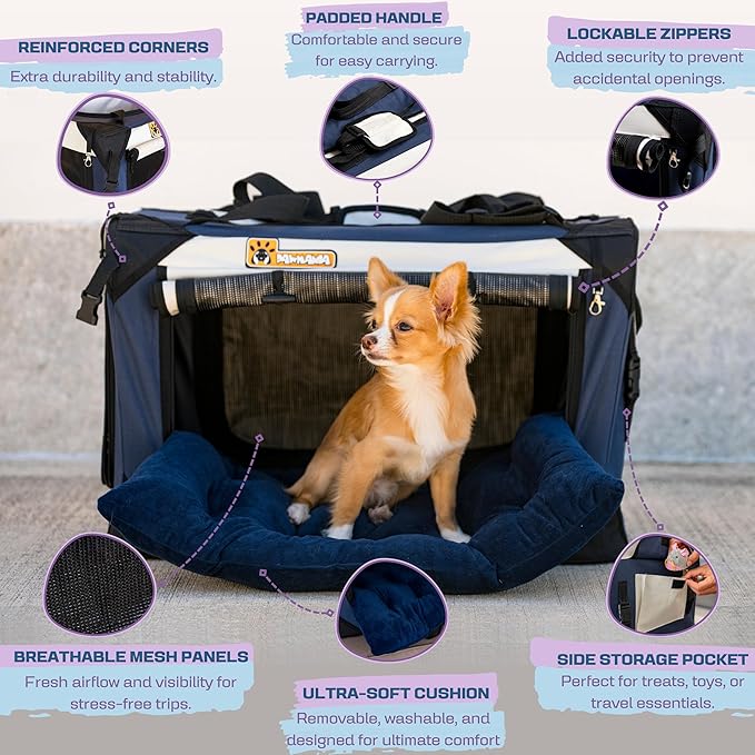 Extra Large Dog Cat Puppy Carrier 24"x16"x16" Foldable Soft Sided Travel Crate Portable Pet Kennel With Cushion Reduces Anxiety Saves Space Easy Vet Visits Secure Triple Entry Mesh Lightweight Durable-PawvioPets