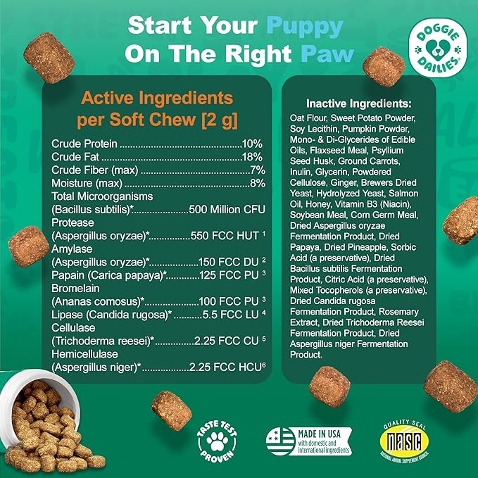 Doggie Dailies Puppy Probiotic, Probiotics for Puppies with Digestive Enzymes, Promotes Digestive Health, Supports Immune System & Overall Development (Pumpkin) 120 Soft Chews-PawvioPets