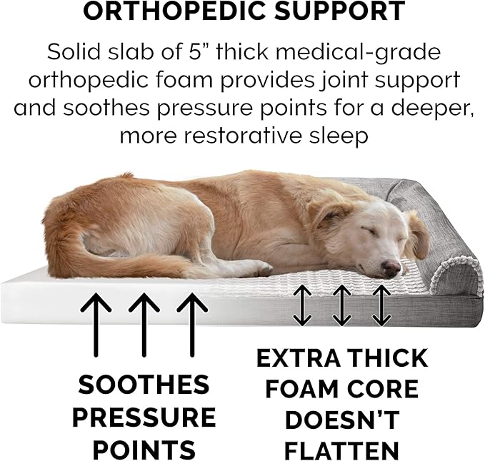 Furhaven Orthopedic Dog Bed for Large Dogs w/ Removable Bolsters & Washable Cover, For Dogs Up to 125 lbs - Luxe Faux Fur & Performance Linen Sofa - Charcoal, Jumbo Plus/XXL-PawvioPets