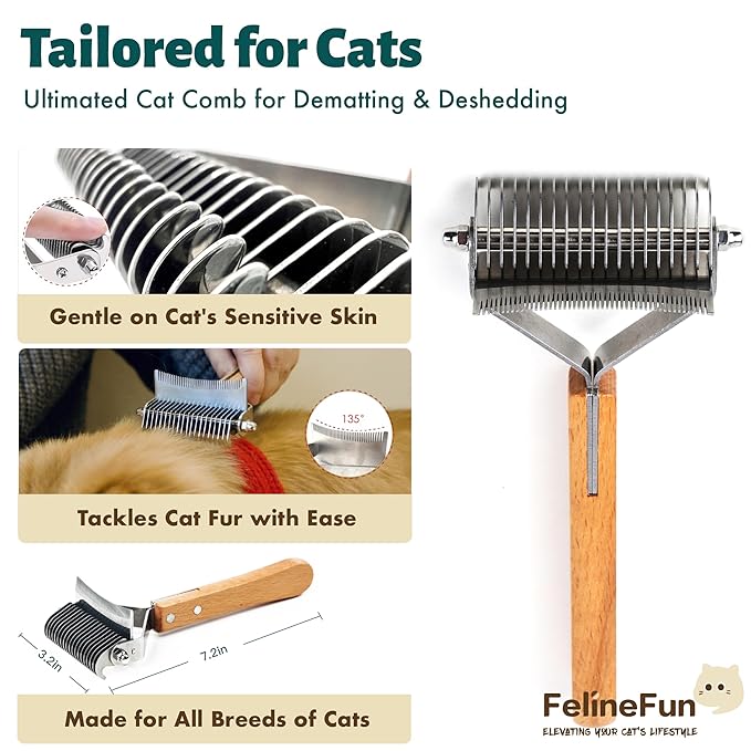 FelineFun Cat Brush for Dematting & Deshedding, 2 in 1 Undercoat Rake, Efficiently Remove Loose Hair & Matted Fur, Professional Shedding Comb for Indoor Cats & Long Haired Cats-PawvioPets