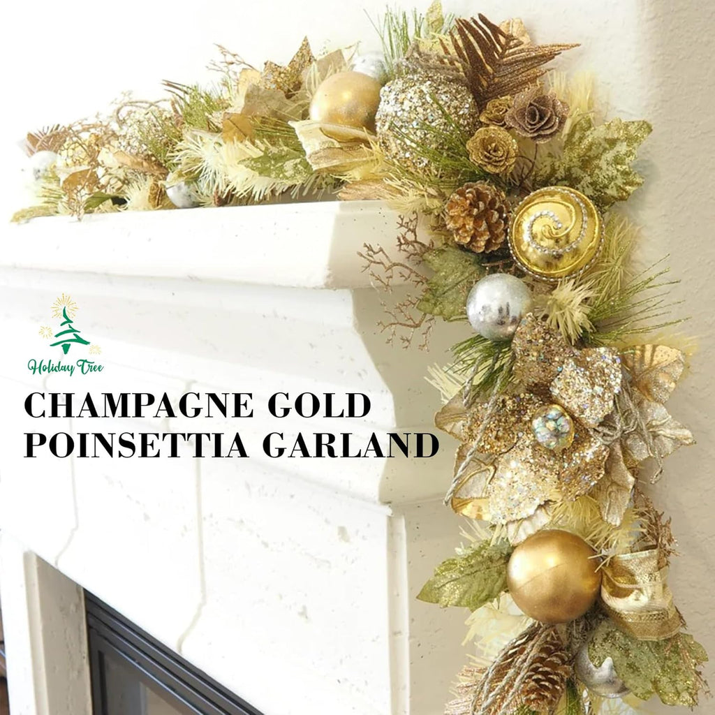 5 ft Christmas Garland for Mantle Unlit Garland for Stairs Railing, Banister, Staircase, Fireplace, for Table No Light, Garland Decor Frosted Red Poinsettia Holiday Tree (Glittery Champagne Gold)