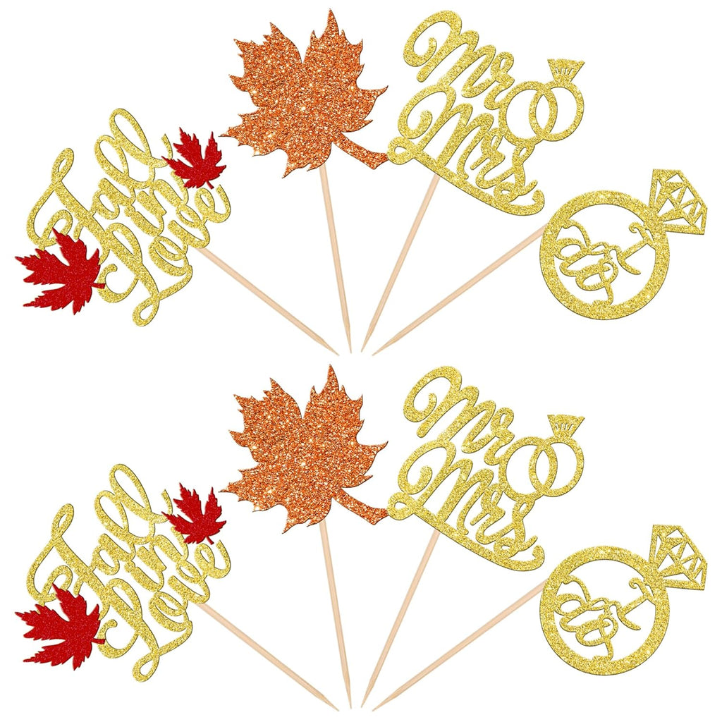 24 PCS Fall in Love Cupcake Toppers Glitter Maple Leaf Cupcake Picks Mr & Mrs Diamond I Do Cupcake Decorations for Autumn Wedding Engagement Bridal Shower Theme Party Cake Decorations Supplies