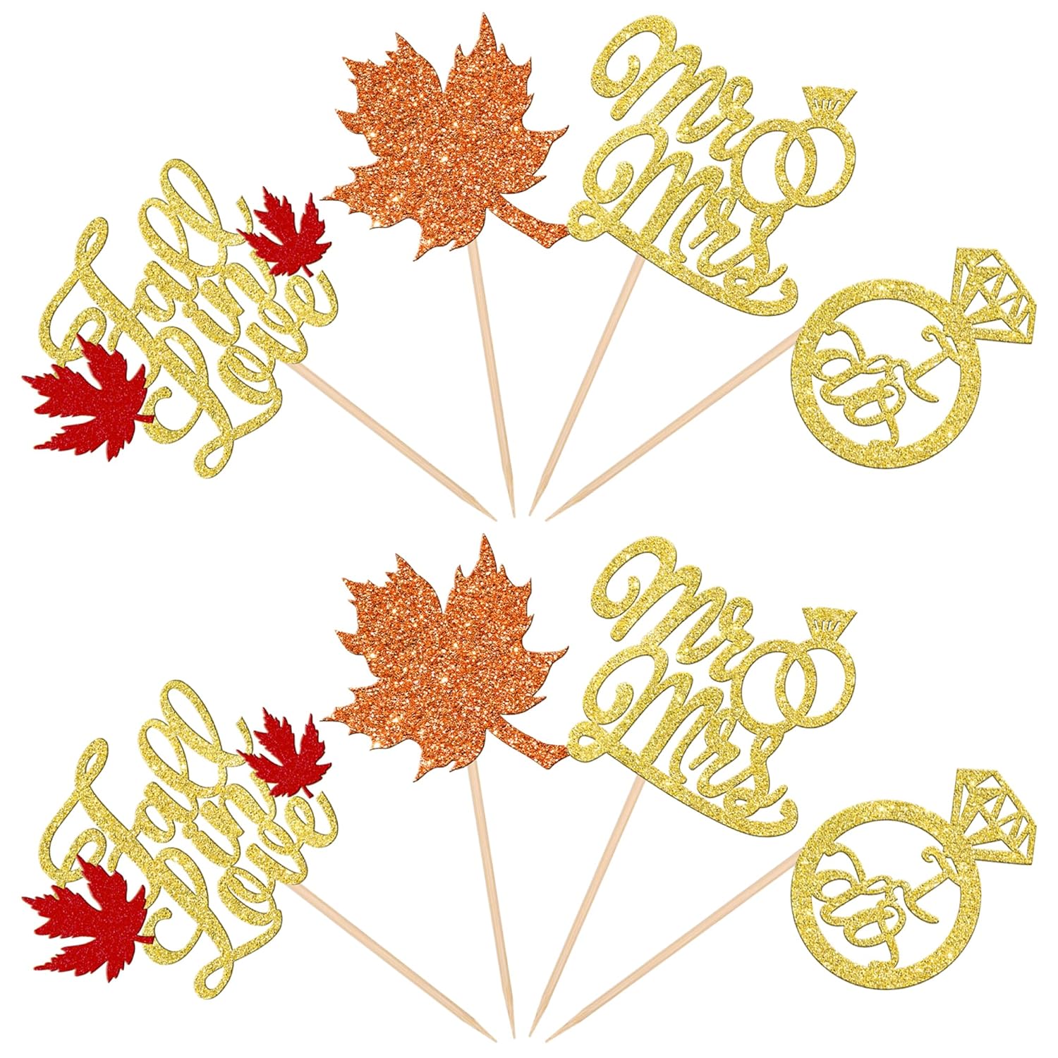 24 PCS Fall in Love Cupcake Toppers Glitter Maple Leaf Cupcake Picks Mr & Mrs Diamond I Do Cupcake Decorations for Autumn Wedding Engagement Bridal Shower Theme Party Cake Decorations Supplies