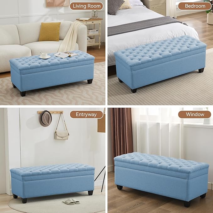 51" Fabric Storage Ottoman Bench, Upholstered Rectangle End of Bed Storage Ottoman Tufted Living Room Bedroom Bench with Safety Hinge, Solid Wood Legs, Loads 500 lb(Light Blue)-PawvioPets