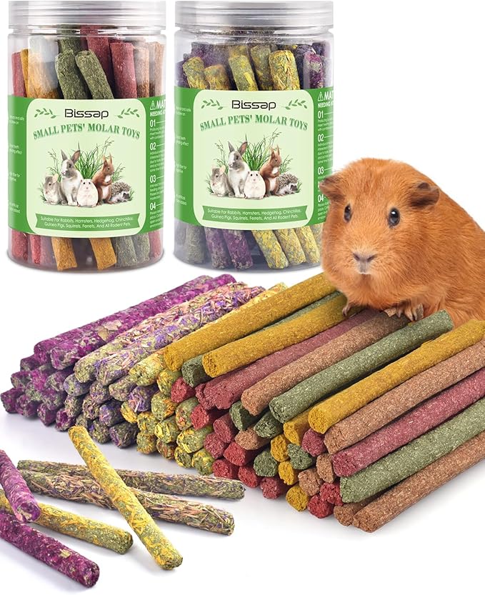 Bissap 72 PCS Rabbit Chew Sticks, Natural Timothy Hay Pumpkin Sugar Beet Carrot Strawberry Rose Dahlberg Daisy Forget-me-not Flower Treat for Bunny Chinchilla Guinea Pig Hamster Small Pet Molar Snack-PawvioPets