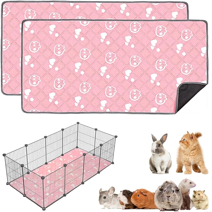 2 Pack Guinea Pig Bedding - Washable Guinea Pig Liners for C&C 2x4 Cage, Waterproof Reusable & Anti Slip Pee Pads Super Absorbent Mats for Small Animals Rabbit Hamster Rat (Pink, 57 x 28 Inch)-PawvioPets