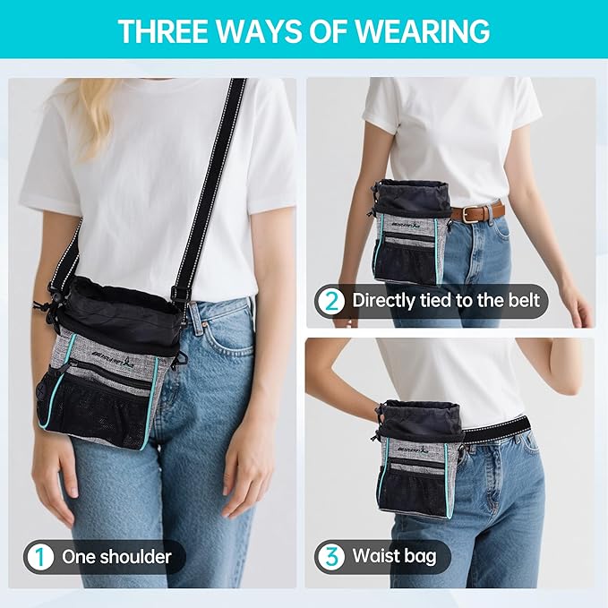 Dog Treat Pouches Training Walking Bag with Shoulder Strap, Large Space for Pets Food, Polyester Fabric, 3-Way Wearing Design, Portable Pet Bagand Easy to Clean, Black with Grey-PawvioPets