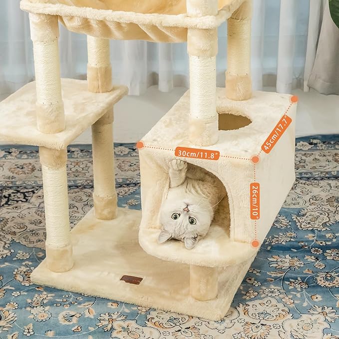 73 inches Large Cat Tree for Indoor Cats, Tall Cat Tower with Sisal Scratching Posts and Pads, Padded Plush Perch, Cozy Basket, Plush Condo for Large Cats (Beige)-PawvioPets