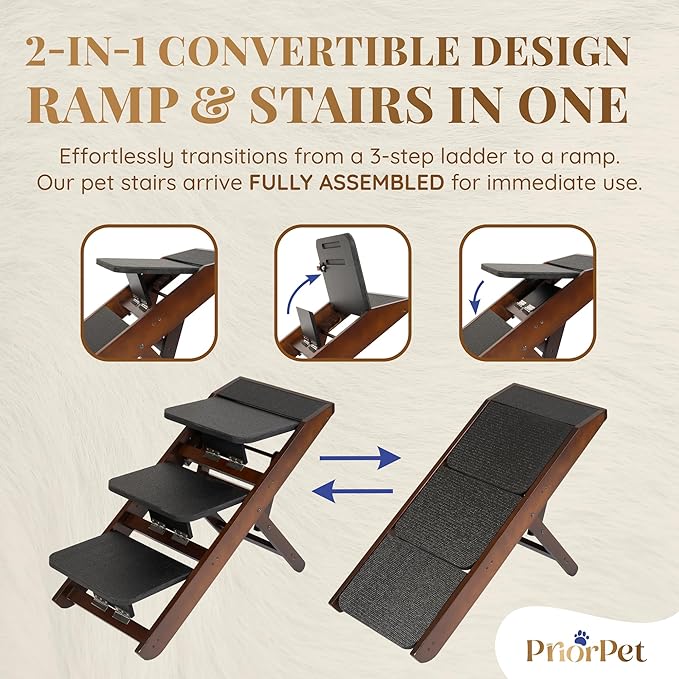 Dog Steps for Bed & Couch 2-in-1 Dog Stairs/Ramp - Height Adjustable Dog Ramp for Couch 7” - 20” - Pet Stairs, Dog Stairs for Small Dogs - Easy to Move Pet Steps with Landing Platform, Walnut-PawvioPets