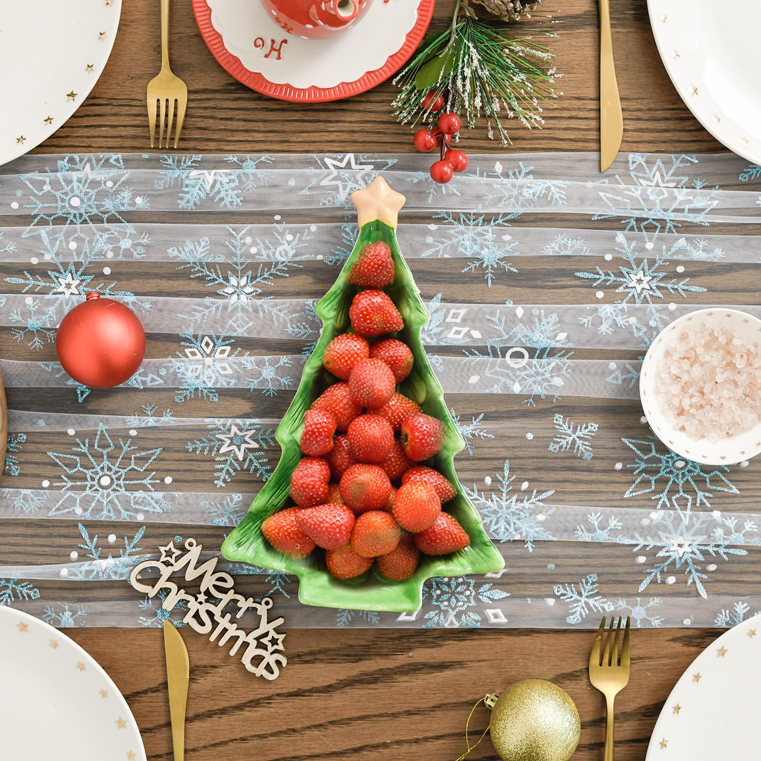 Artoid Mode Blue Snowflakes Merry Christmas Gauze Table Runner 120 Inch 10FT, Winter Seasonal Sheer Dining Holiday Wedding Table Decor for Home Party