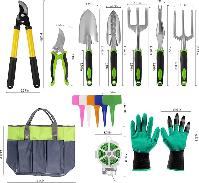 41-Piece Premium Gardening Tool Set, Stainless Steel Heavy Duty Gardening Tool Kit, with Non-Slip Rubber Grip, Storage Tote Bag, Outdoor Hand Tools, Ideal Gardening Gifts for All (Green/Grey)-PawvioPets
