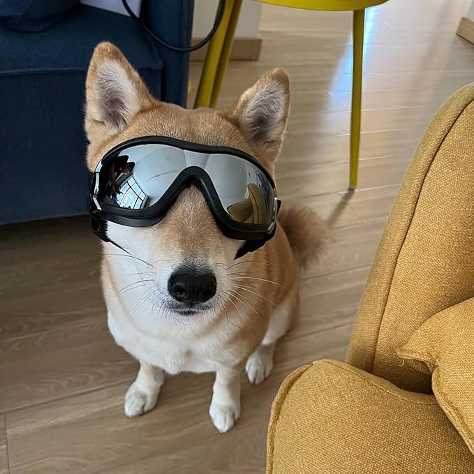 Dog Sunglasses for Large and Medium Breed, Dog Goggles for Large Dogs, Sun Protection, Windproof, Waterproof, Dustproof and Anti-Fog with Adjustable Strap for Driving, Motorcycle, Black-PawvioPets