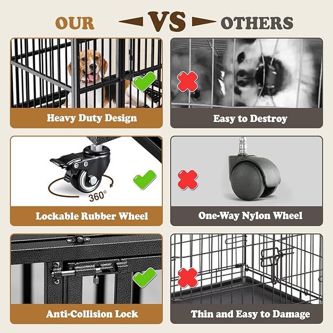 Dog Crate with Removable Tray, 37/42/46 Inch Indestructible and Escape Proof Steel Dog Cage Kennel for High Anxiety Dogs, Heavy Duty Dog Crate with Wheels, Double Door, Extra Large XL XXL-PawvioPets