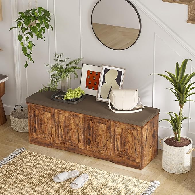 DINZI LVJ Shoe Bench, Entryway Storage Bench with Doors, Cushion, 2-Tier Shoe Rack with 8-Cubby, 47.2”L x 13.8”W Shoe Organizer Cabinet, Adjustable Shelf, Living Room, Bedroom, Rustic Brown-PawvioPets