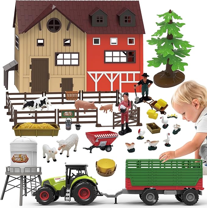 109PCS Farm Animals Toys Set Comes with Barn, Rice Storehouse, Rice Trolley, Milking shed, Farmer, Fence - Playset for Kids Toddlers Boys Girls 5+ Years Old-PawvioPets