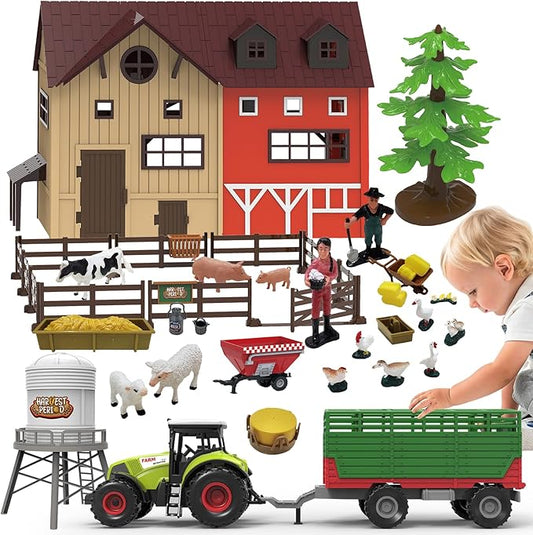 109PCS Farm Animals Toys Set Comes with Barn, Rice Storehouse, Rice Trolley, Milking shed, Farmer, Fence - Playset for Kids Toddlers Boys Girls 5+ Years Old-PawvioPets