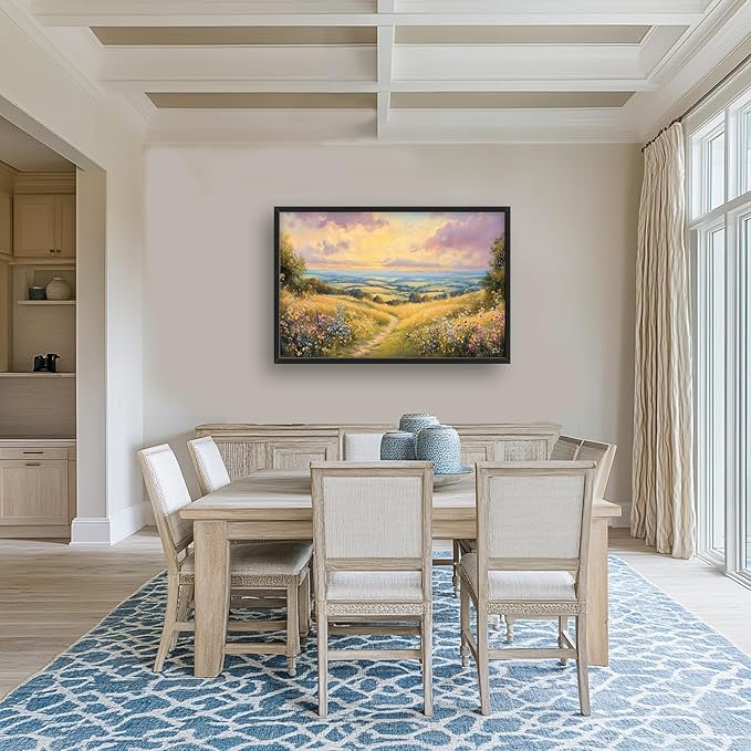 Framed Large Rustic Wall Art for Living Room, Oversized Farmhouse Countryside Nature Landscape Wall Decor Wildflower Field Canvas Painting Floral Pictures Modern Artwork for Bedroom Office 36"x24"-PawvioPets