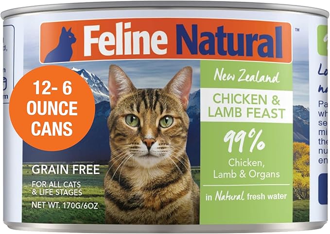 Feline Natural New Zealand Canned Catfood Wet Food, High-Meat, Low-Carb, & Grain Free Cat Food Wet, Chicken and Lamb Feast, 6 oz, Pack of 12-PawvioPets