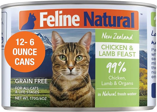 Feline Natural New Zealand Canned Catfood Wet Food, High-Meat, Low-Carb, & Grain Free Cat Food Wet, Chicken and Lamb Feast, 6 oz, Pack of 12-PawvioPets