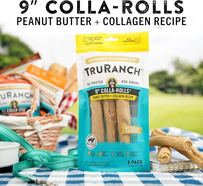 Collagen Rolls - 9" Collagen Rolls for Dogs - Long Lasting Healthy Joint Support Dog Treat - Rawhide Alternative - Skin & Coat Health - Made with Real Peanut Butter, 1 Bag, 3 Count-PawvioPets