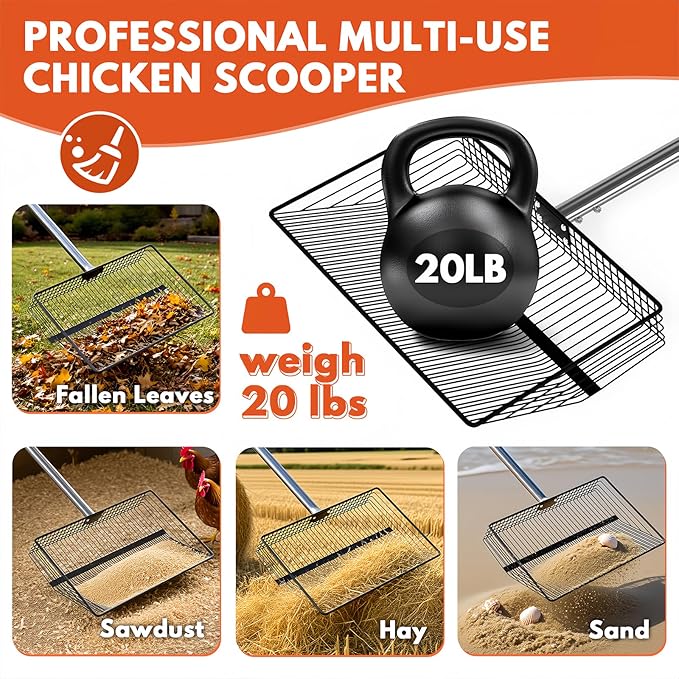 15inch Large Chicken Poop Scooper, 2 Slot Widths (0.16"&0.28"), 39" to 76" Adjustable Stainless Steel Handle, Sifting Litter Shovel for Chicken Coop/Stables/Farm Cleaning(with Effortless Grip)-PawvioPets