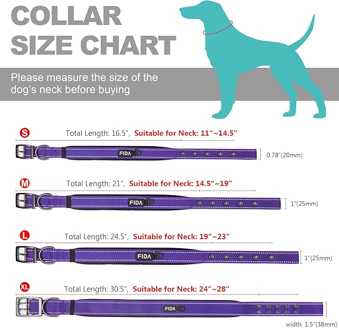 Fida Heavy Duty Dog Collar, Ultra Comfortable Soft Neoprene Padded, Adjustable Reflective Nylon Pet Collar with Durable Metal Belt Buckle for Small Breeds (S, Purple)-PawvioPets