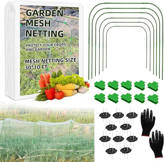 Garden Netting Kit, 10X30 Ft Garden Ultra Fine Mesh Net Bird Barrier Protection with Garden Hoops for Protect Garden Vegetables Flowers Shrubs Fruit Trees Indoors & Outdoors Plant Beds Greenhouse-PawvioPets