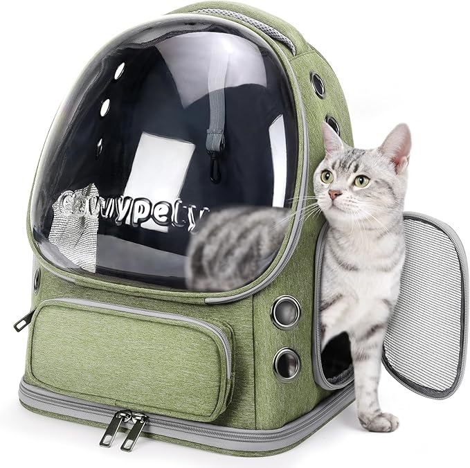 Cat Backpack Carrier, Breathable Cat Carrier Large Space Bubble Pet Backpack for Kitty Small Dog up to 15lbs, Transparent & Foldable Pet Carrier for Travel Hiking-PawvioPets