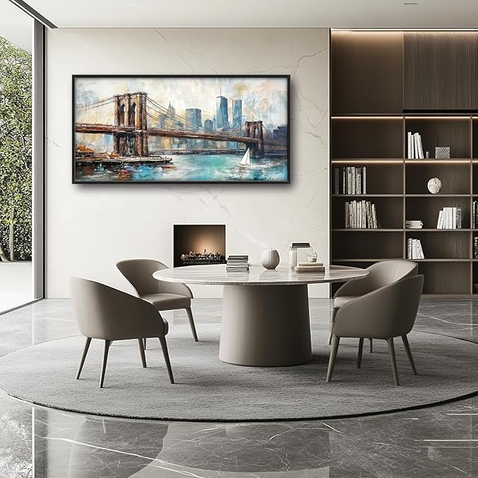 Extra Large Framed Brooklyn Bridge Wall Art,New York City Wall Decor,Abstract Skyline Cityscape Pictures for Living Room,Canvas Print Painting Modern Artwork Bedroom Office Bathroom 60L x30W-PawvioPets