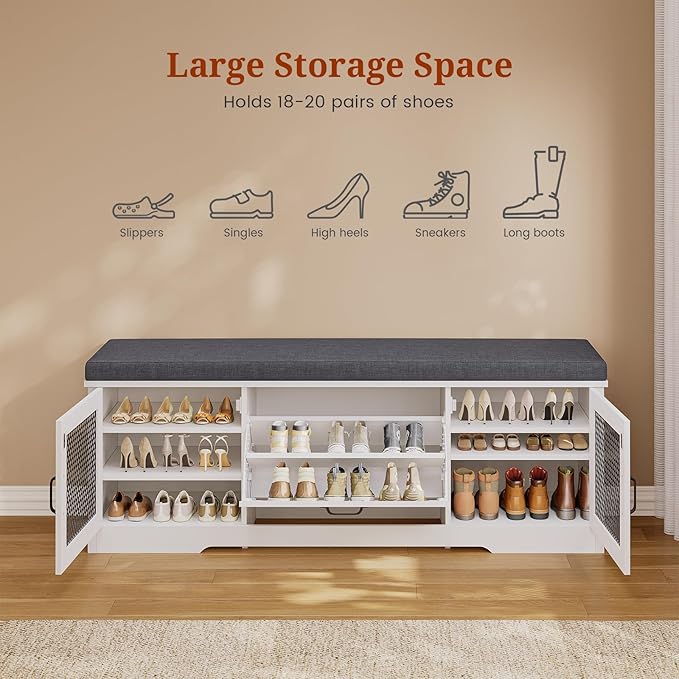 Farmhouse Storage Bench with Flip Drawers & Padded Seat Cushion, Half Hidden Shoe Rack Organizer, Adjustable Shelf Shoe Cabinet for Large Family, Entryway, Bedroom, Living Room (White)-PawvioPets
