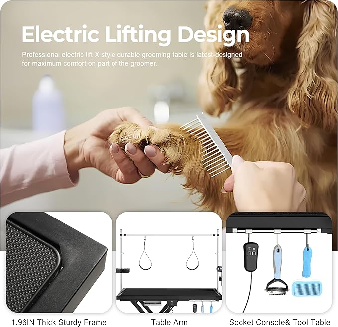 Electric Pet Grooming Table for Large Dogs - Professional Heavy Duty Height Adjustable Pet Grooming Station with Anti Slip Tabletop, Two Nooses & Tool Organizer, Maximum Capacity Up to 250 lbs Black-PawvioPets