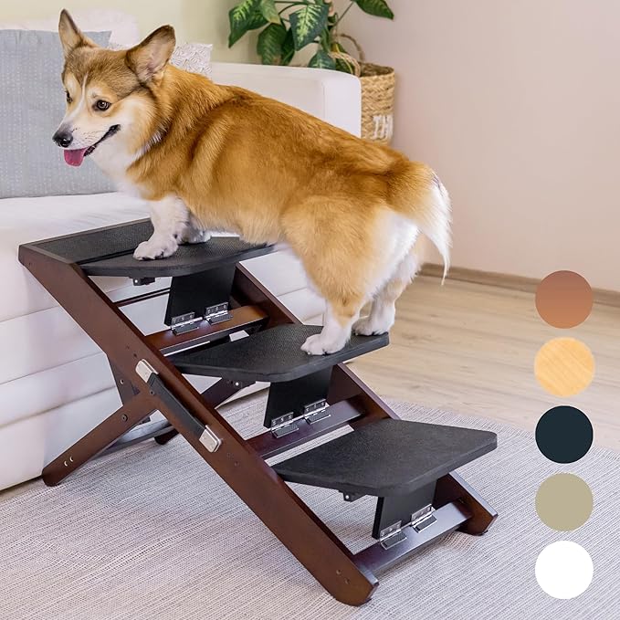 Dog Steps for Bed & Couch 2-in-1 Dog Stairs/Ramp - Height Adjustable Dog Ramp for Couch 7” - 20” - Pet Stairs, Dog Stairs for Small Dogs - Easy to Move Pet Steps with Landing Platform, Walnut-PawvioPets