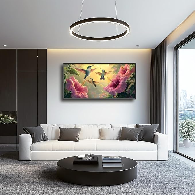 Framed Large Hummingbird Wall Art for Living Room, Oversized Rustic Bird Flower Wall Decor Floral Canvas Painting Nature Sunrise Pictures Modern Artwork for Bedroom Office Dinging Room 60"x30"-PawvioPets