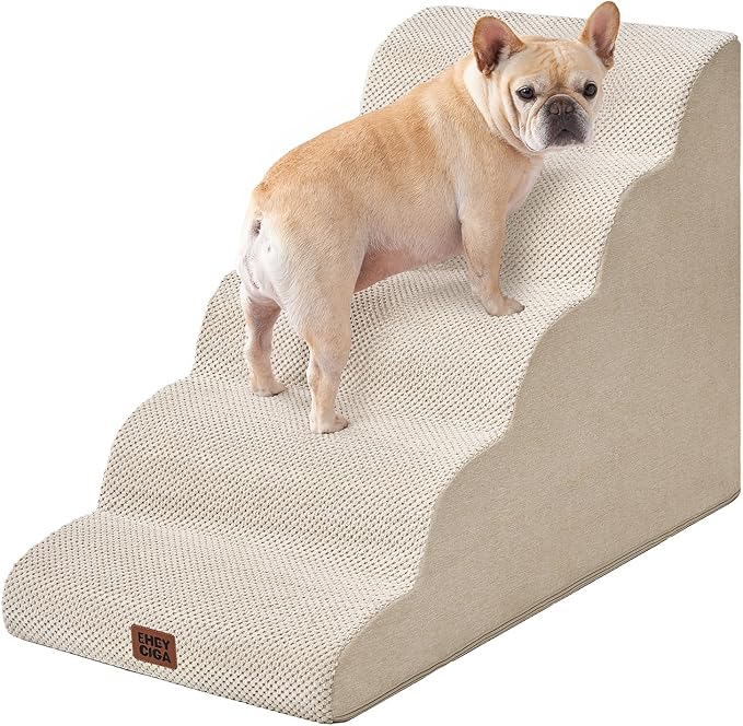 EHEYCIGA Curved Dog Stairs Ramp for High Beds, 5-Step Extra Wide Dog Steps for Small Dogs and Cats, Pet Stairs for High Bed Climbing, Non-Slip Balanced Pet Step Indoor, Beige-PawvioPets