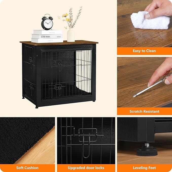 DWANTON Dog Crate Furniture with Cushion, Wooden Kennel Table with Double Doors, Indoor Dog House, Small/Medium/Large Size, 27.2" L, Black+Warm Brown-PawvioPets