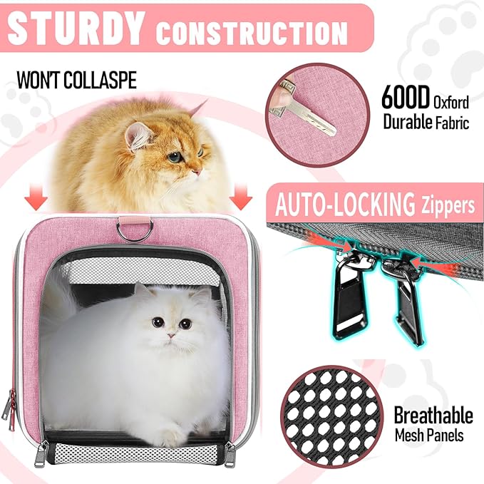 Cat Carrier 20lbs Top Open/Soft Sided Small Pet Dog Travel Carrying Crate/Collapsible Puppy Transport Carry Bag/Sturdy Pet Cages Chihuahuas Mini Dog 10lbs Pink-PawvioPets