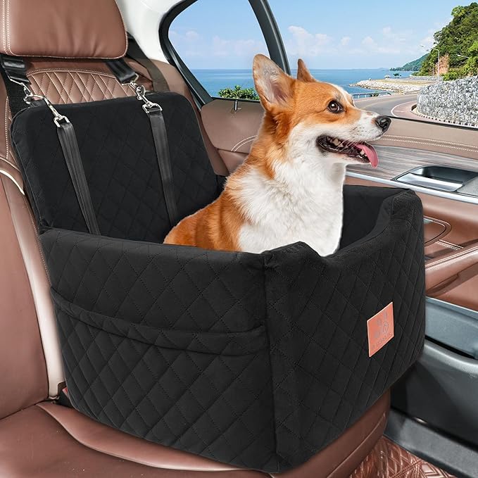 Dog Car Seat for Small/Medium Dogs Under 35lbs,Memory Foam Dog Booster Seats,Detachable and Washable Traval Pet Car Seat,Dogs Bed with 2 Safety Belts(Balck)-PawvioPets