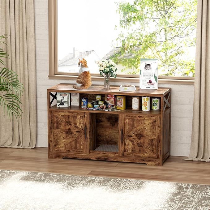 Cat Litter Box Enclosure for 2 Cats, 47" Double Hidden Litter Box Furniture with Scratch Pad, Farmhouse Indoor Litter Box Cabinet Cat Washroom, Rustic Brown-PawvioPets