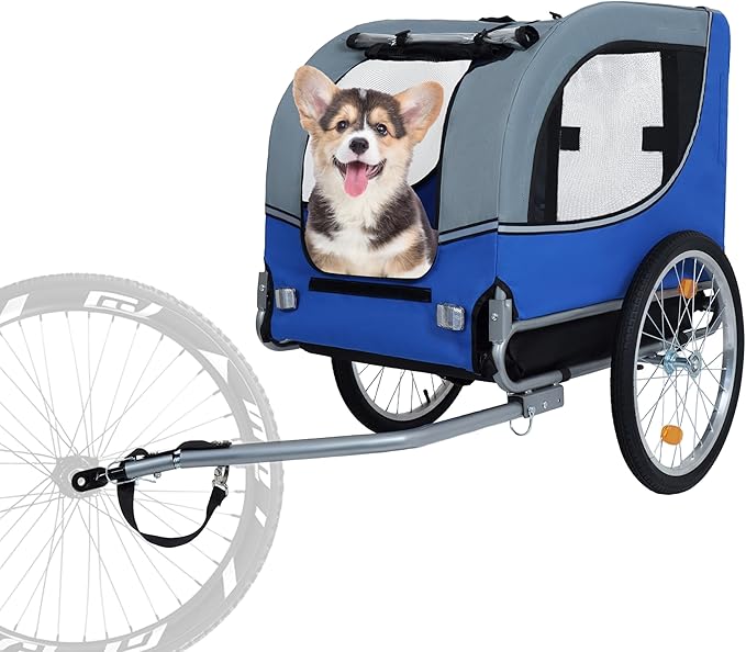 Blue-Grey Large Folding Bike Trailer for Dogs – Heavy-Duty Steel Frame, 66LB Capacity Pet Carrier for All-Terrain Cycling, Jogging & Camping Adventures!-PawvioPets